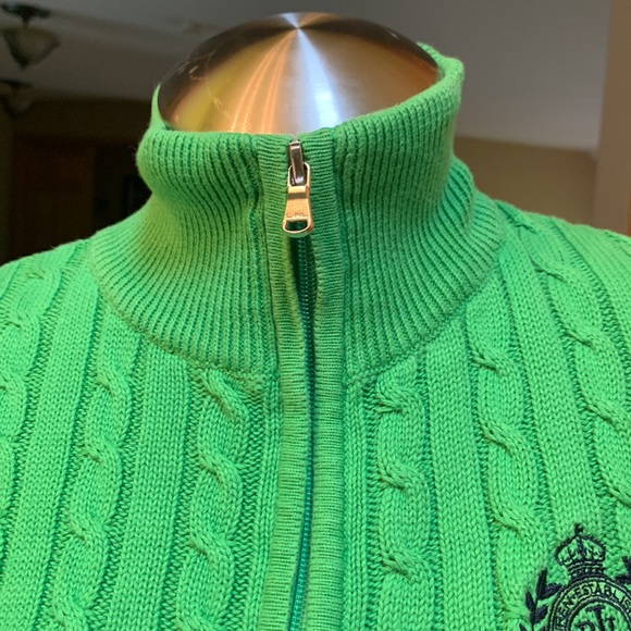 Ralph Lauren cable knit full zip lime green and navy blue sweater Medium - Picture 11 of 17